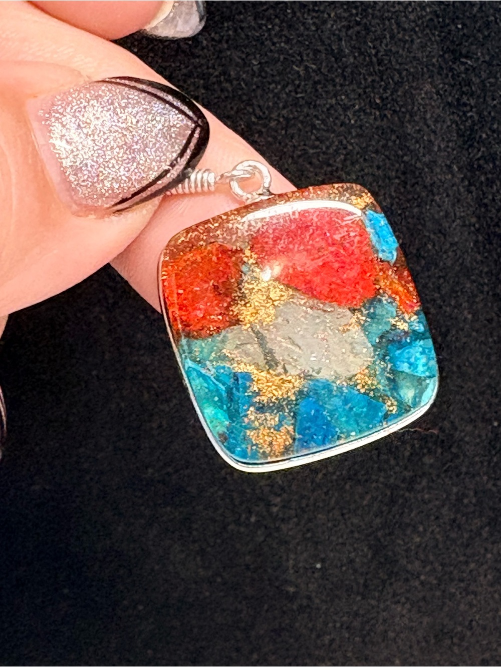 Oyster turquoise like Tile earring - Red, Blue & Gold-925